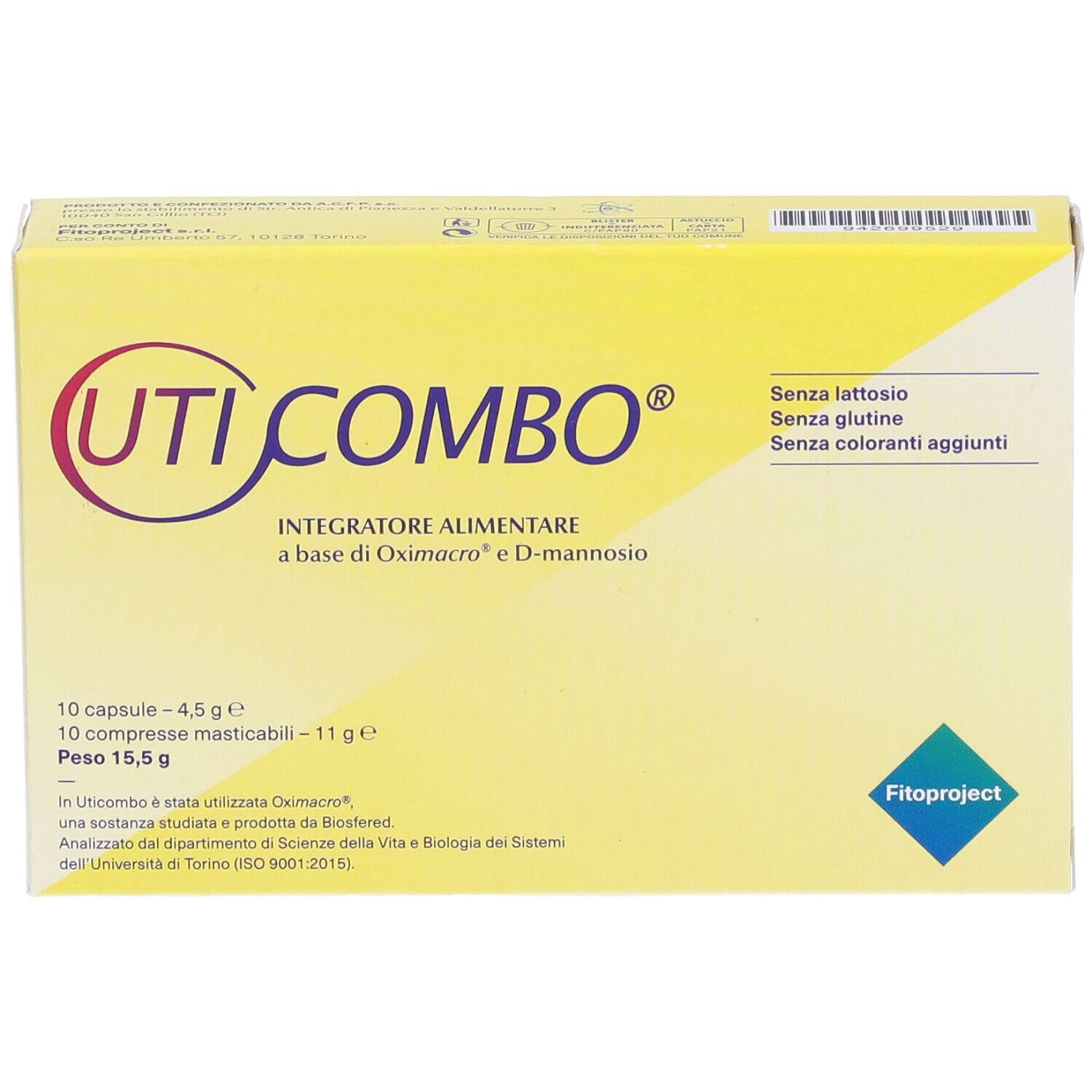 Boîte jaune UTICOMBO. Inscription violette et rouge. Contient 10 gélules et 10 comprimés à croquer. Sans lactose, sans gluten.