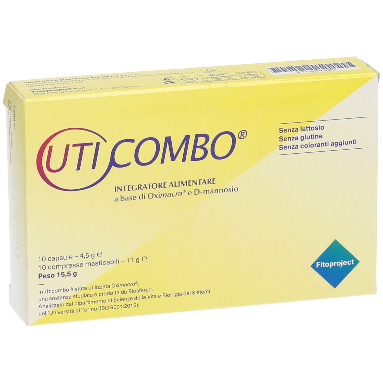 Boîte jaune UTICOMBO. Inscription violette et rouge. Contient 10 gélules et 10 comprimés à croquer. Sans lactose, sans gluten.