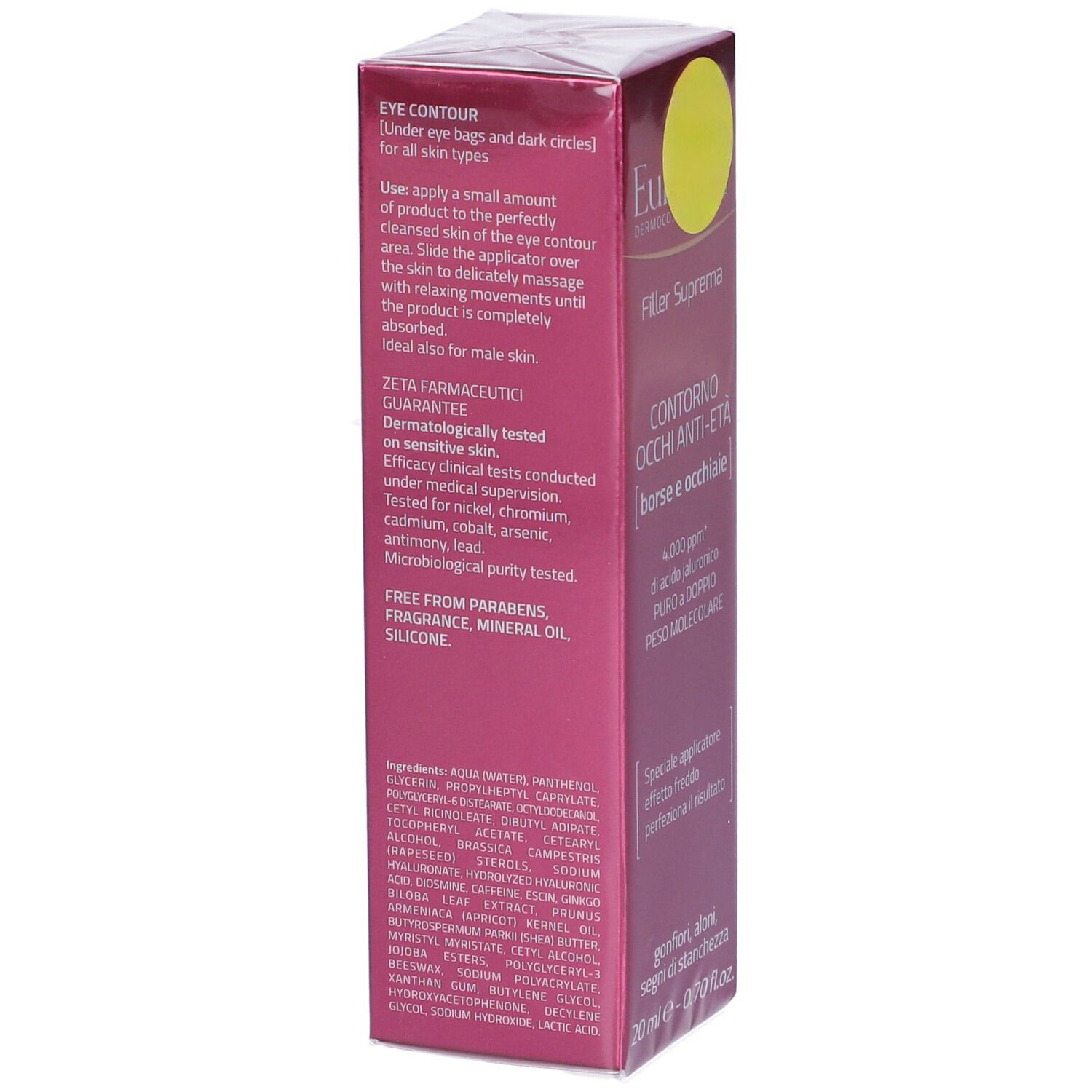 Rückseite der Euphidra Filler Suprema Verpackung. Text: Inhaltsstoffe, Anwendung, dermatologisch getestet, frei von Parabenen.