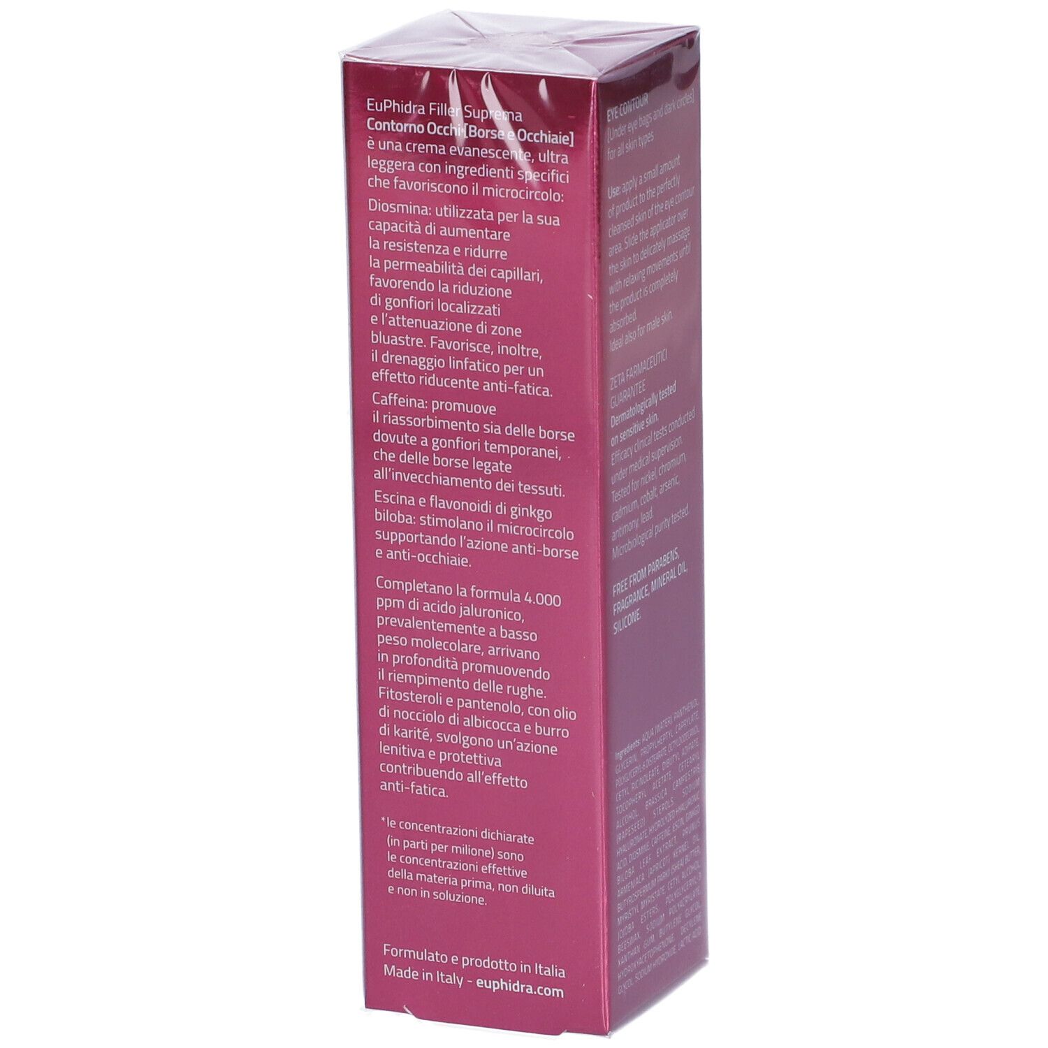 Seite der Euphidra Filler Suprema Verpackung. Text: Inhaltsstoffe, Anwendung, dermatologisch getestet, frei von Parabenen.