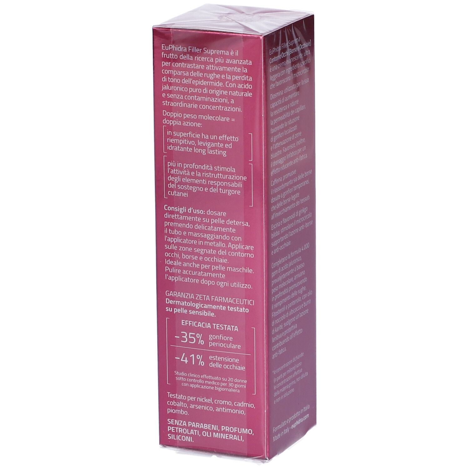 Seite der Euphidra Filler Suprema Verpackung. Text: klinisch getest, -35% Schwellungen, -41% Augenringe, ohne Parabene.