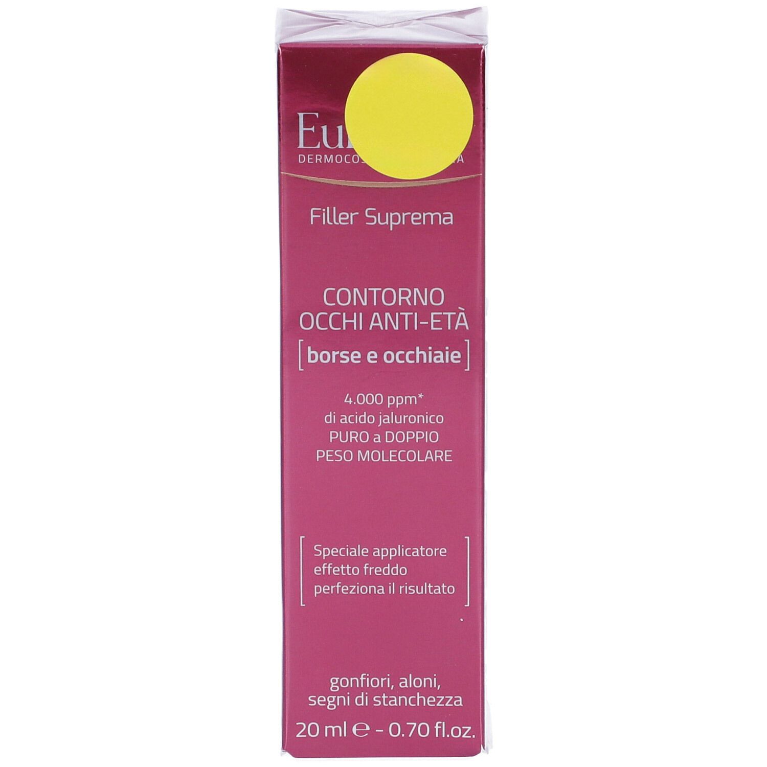 Verpackung von Euphidra Filler Suprema. Rosa Schachtel mit gelbem Kreis. Text: Contorno Occhi Anti-Età, 20 ml.