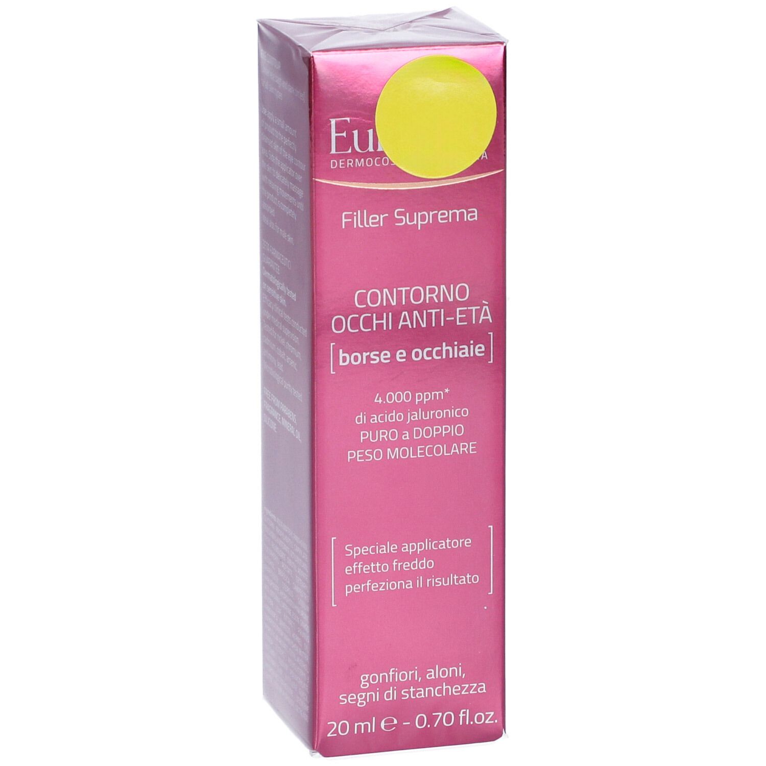Verpackung von Euphidra Filler Suprema. Rosa Schachtel mit gelbem Kreis. Text: Contorno Occhi Anti-Età, 20 ml.