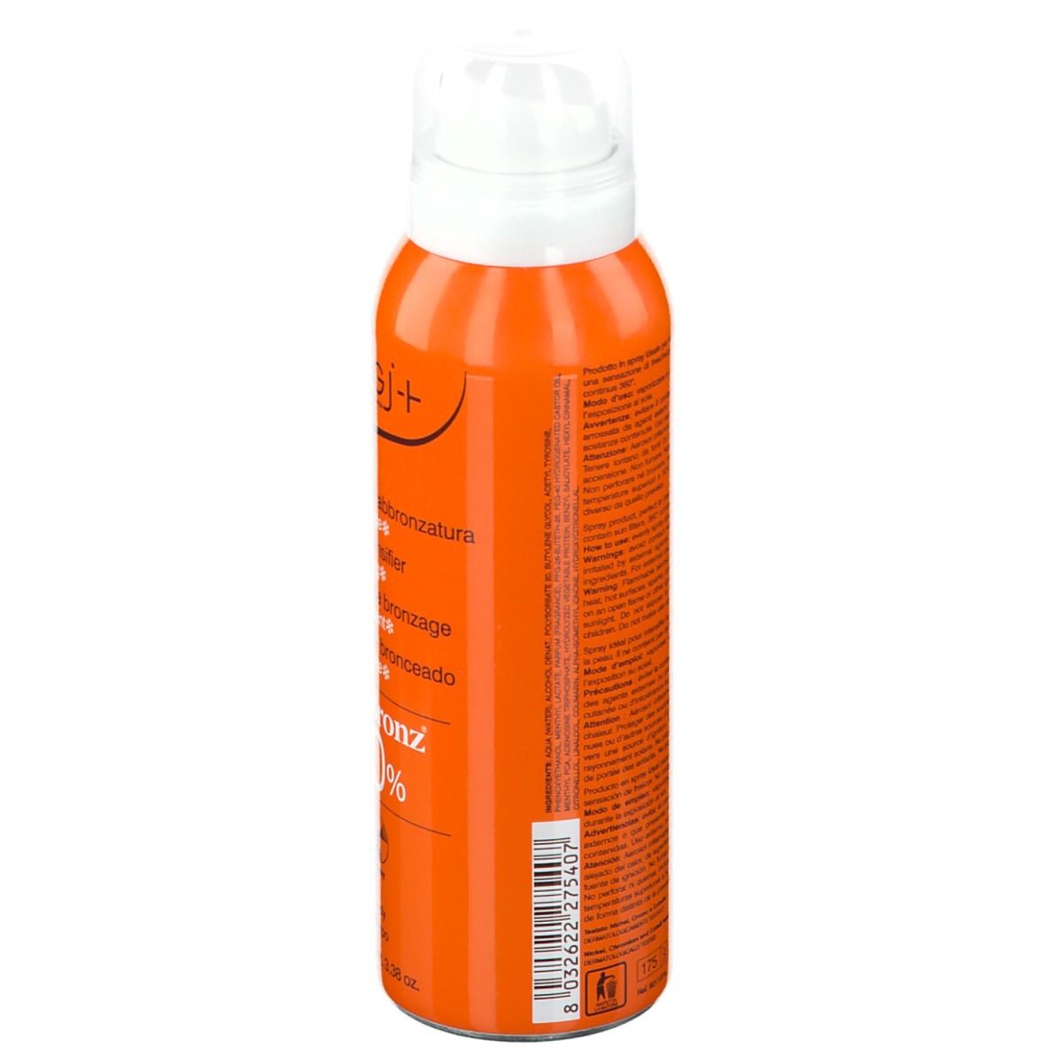 Orangefarbene Sprühflasche mit weißem Sprühkopf. Rückseite mit Text. Beschriftung: ROUGJ+, AttivaBronz +40%.