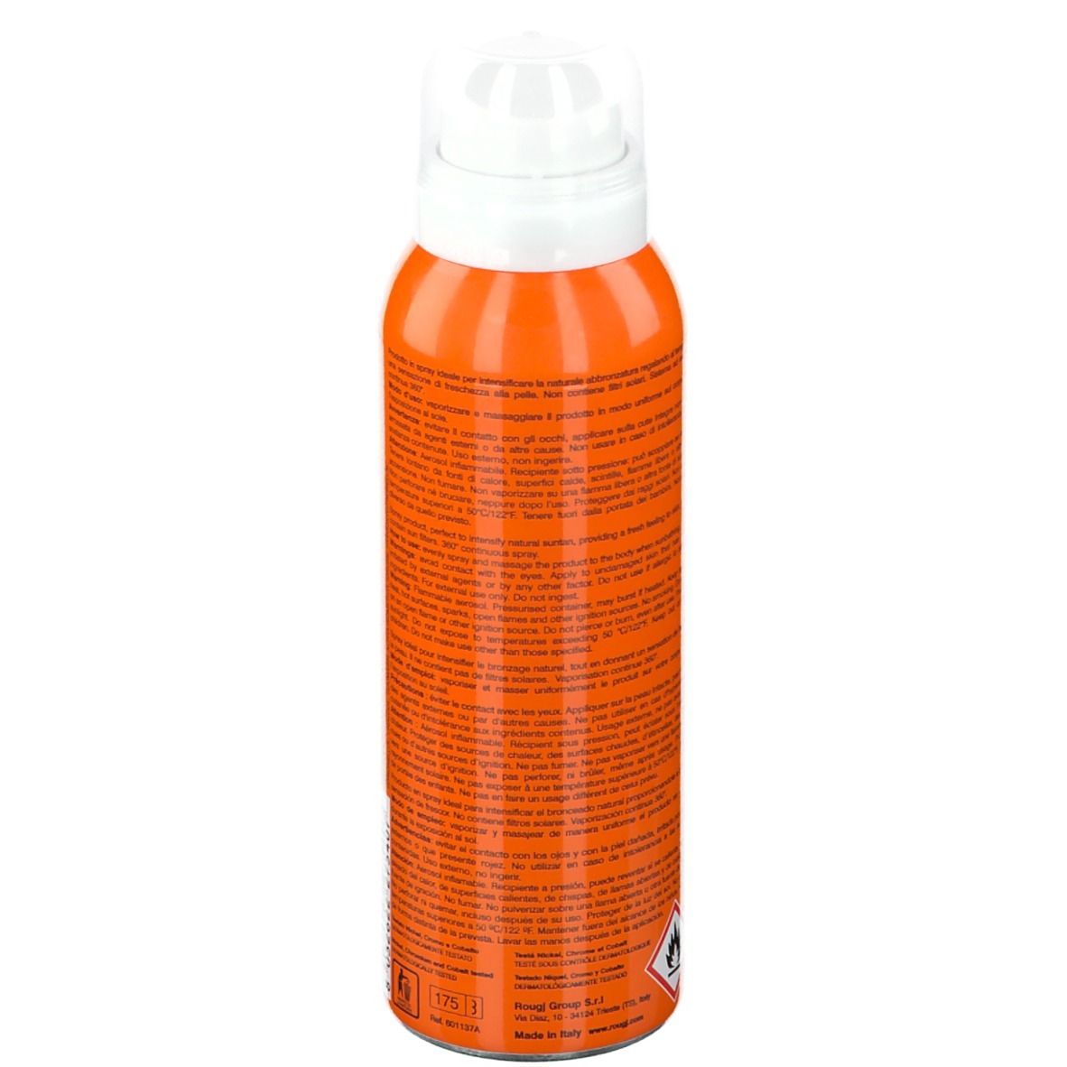 Orangefarbene Sprühflasche mit weißem Sprühkopf. Rückseite mit Text. Beschriftung: ROUGJ+, AttivaBronz +40%.