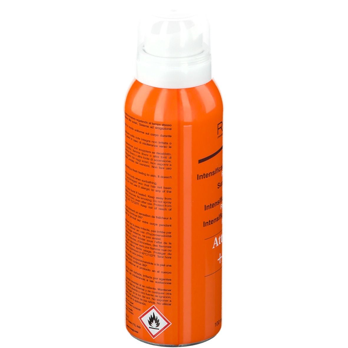 Orangefarbene Sprühflasche mit weißem Sprühkopf. Rückseite mit Text. Beschriftung: ROUGJ+, AttivaBronz +40%.