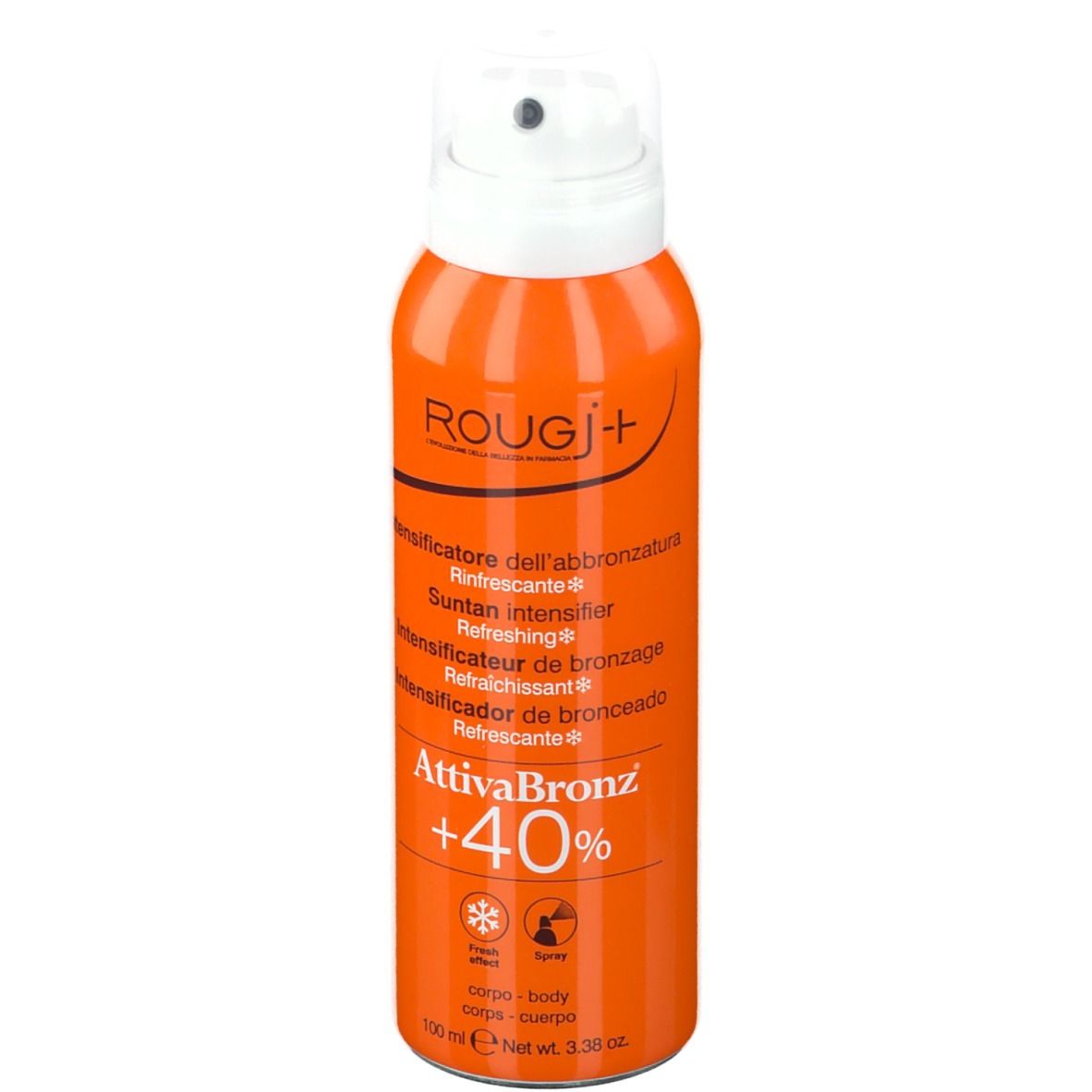 Orangefarbene Sprühflasche mit weißem Sprühkopf. Beschriftung: ROUGJ+, AttivaBronz +40%, erfrischend.