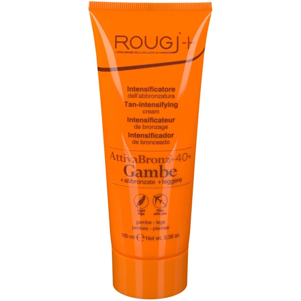 Orange Tube mit Produktnamen und Text. Enthält das Logo und die Aufschrift AttivaBronz +40% Gambe.