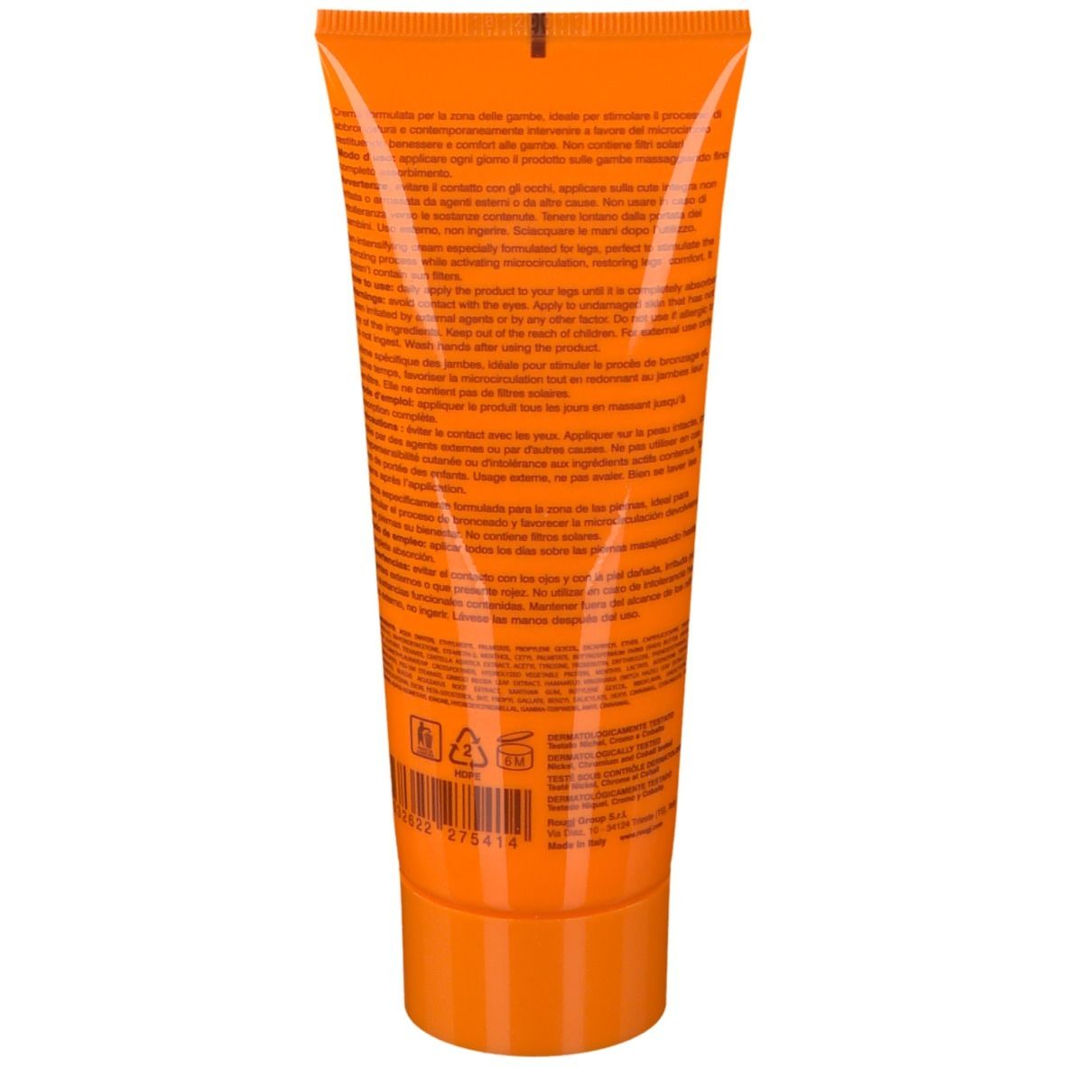 Rückseite einer orangefarbenen Tube mit Text. Enthält Informationen und Symbole.