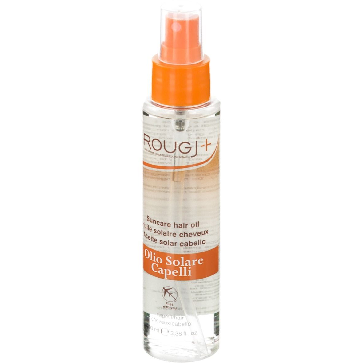 Flacon spray transparent avec tête orange. Inscription: ROUGJ+, Olio Solare Capelli.