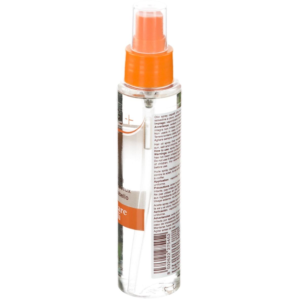 Dos du flacon spray transparent. Texte multilingue. Code-barres.