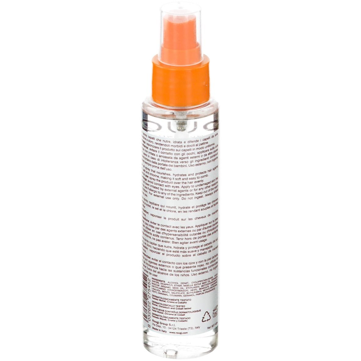 Dos du flacon spray transparent. Texte multilingue.