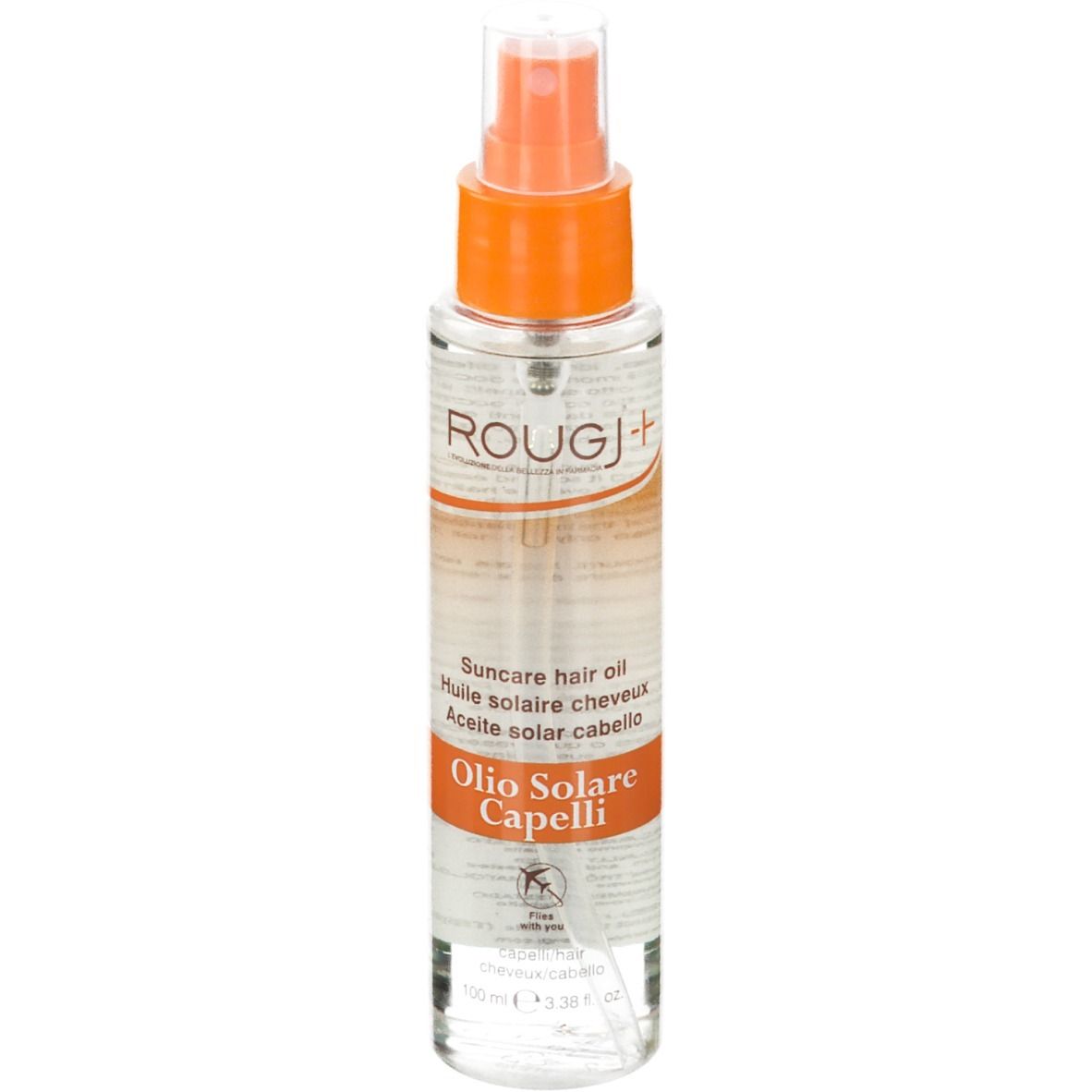 Flacon spray transparent avec tête orange. Inscription: ROUGJ+, Olio Solare Capelli.