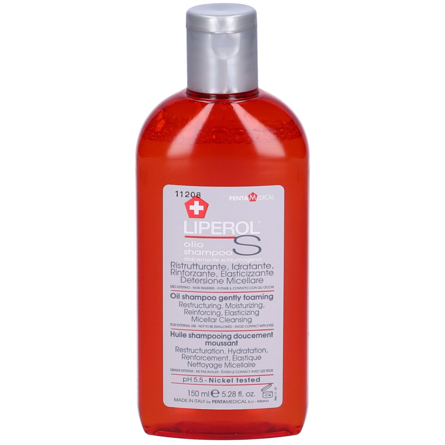 Rote Flasche mit silbernem Deckel. Aufschrift: Liperol S Öl Shampoo. pH 5.5. Nickel getestet.