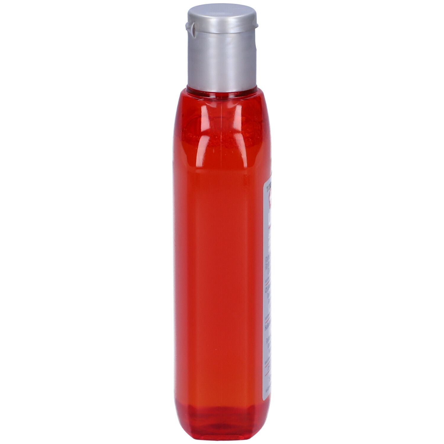Rote, transparente Flasche mit silbernem Deckel. Seitenansicht. Produktname nicht sichtbar.