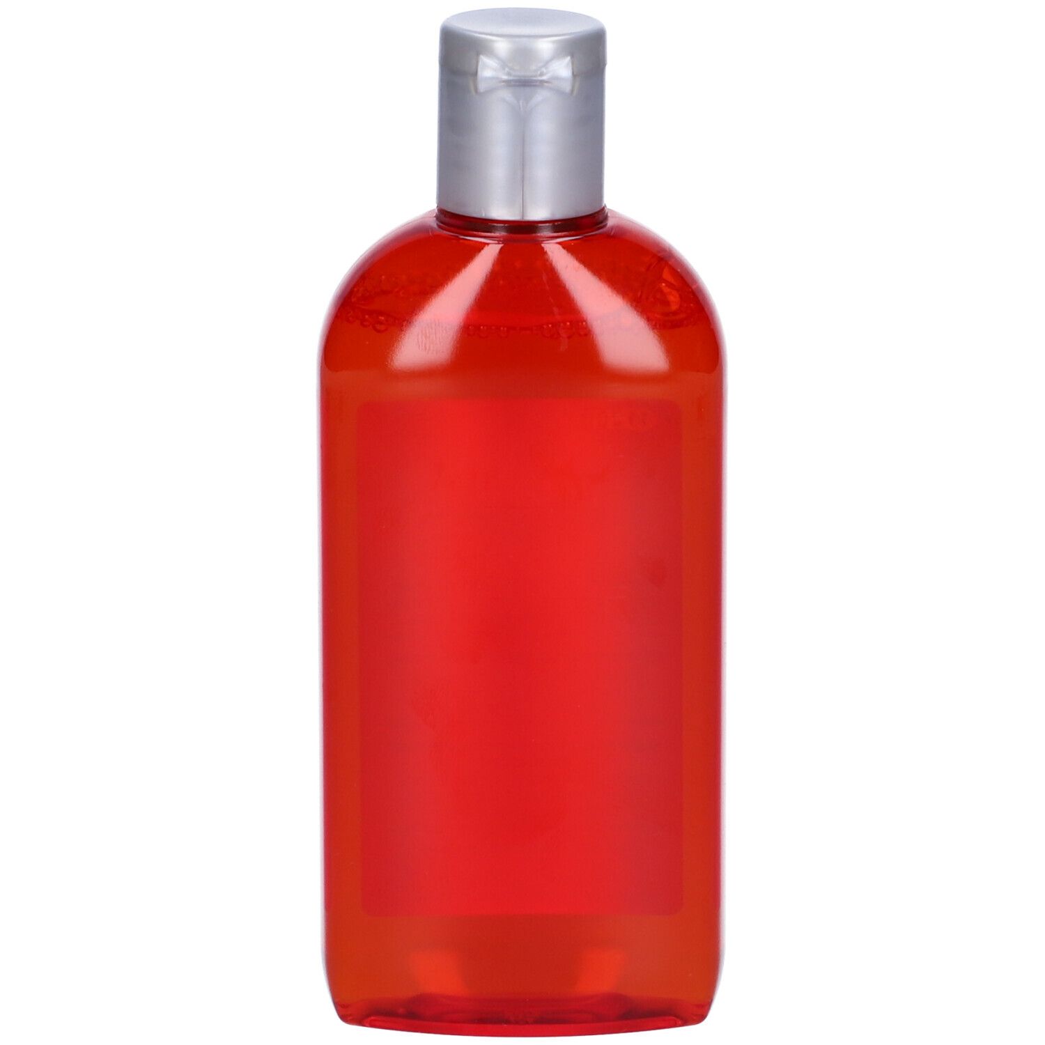 Rote, transparente Flasche mit silbernem Deckel. Produktname nicht sichtbar.