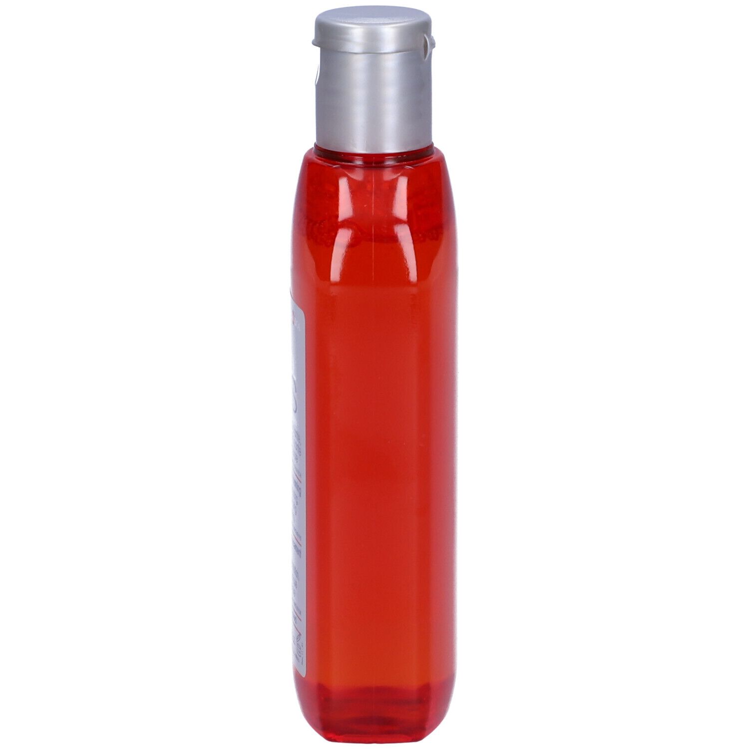Rote, transparente Flasche mit silbernem Deckel. Seitenansicht. Produktname nicht sichtbar.