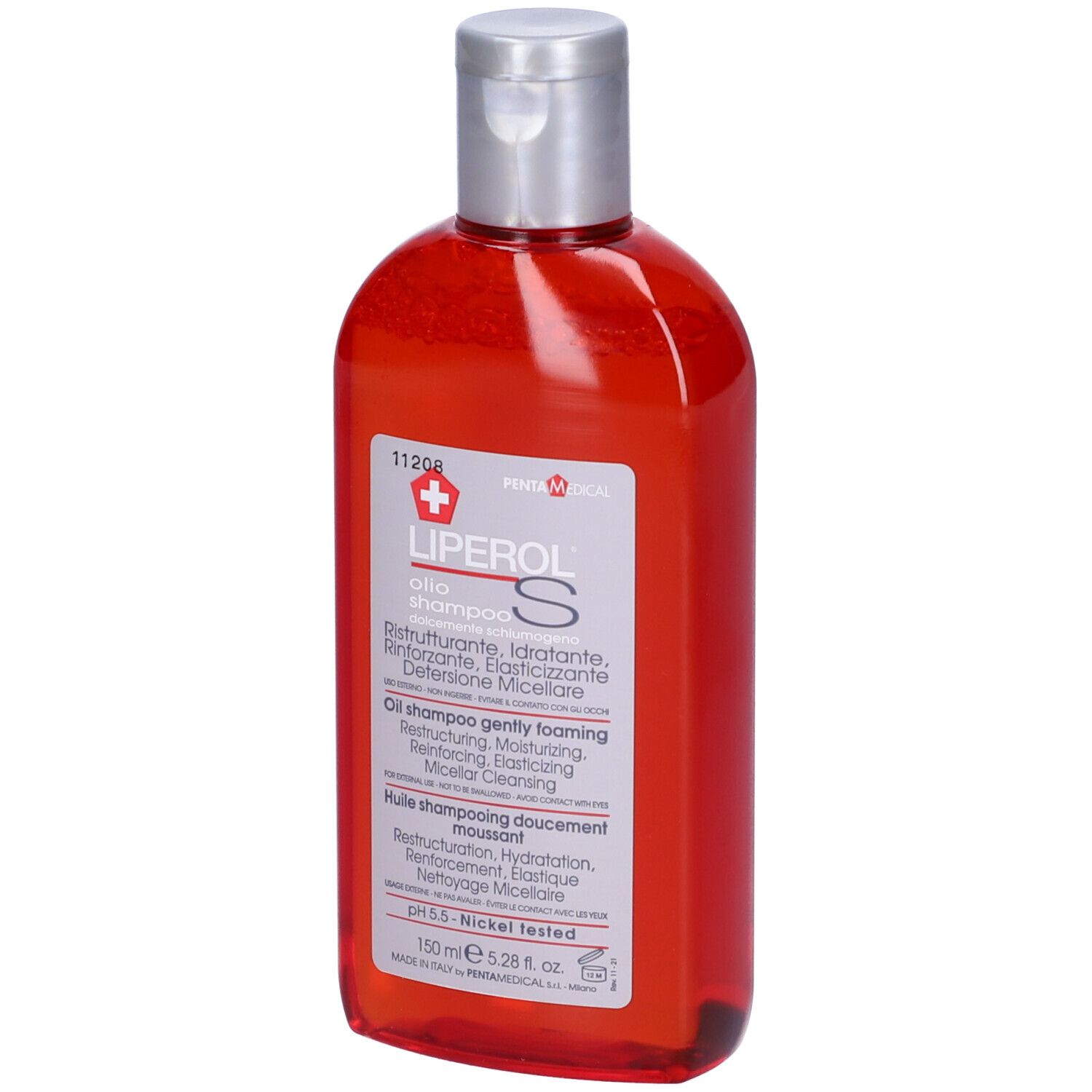 Rote Flasche mit silbernem Deckel. Aufschrift: Liperol S Öl Shampoo. pH 5.5. Nickel getestet.
