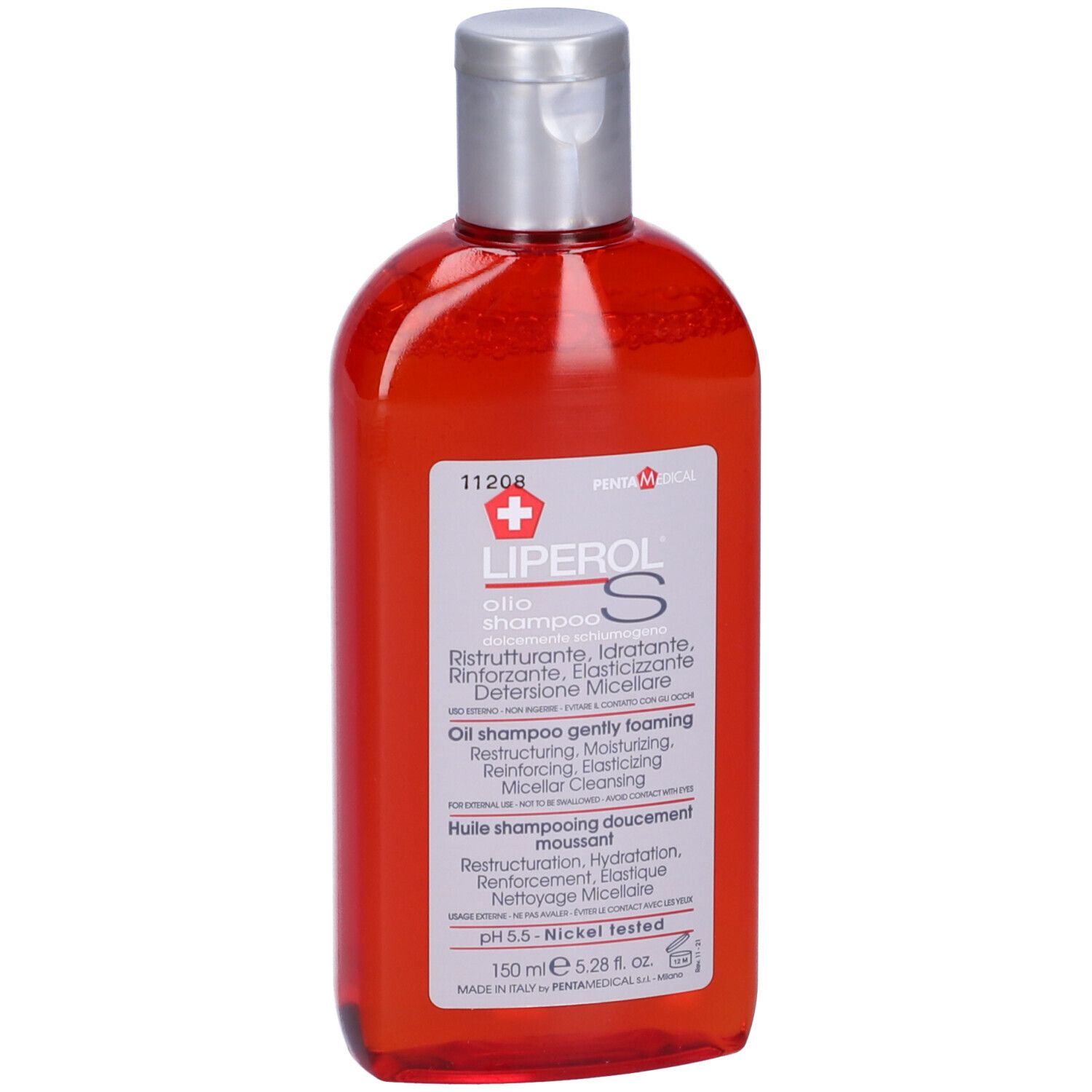 Rote Flasche mit silbernem Deckel. Aufschrift: Liperol S Öl Shampoo. pH 5.5. Nickel getestet.