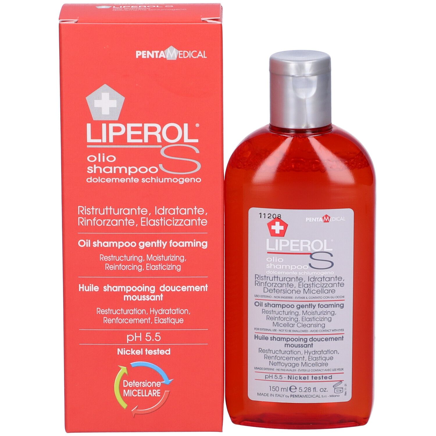 Rote Flasche und Schachtel. Aufschrift: Liperol S Öl Shampoo. pH 5.5. Nickel getestet. Schachtel mit Produkt.