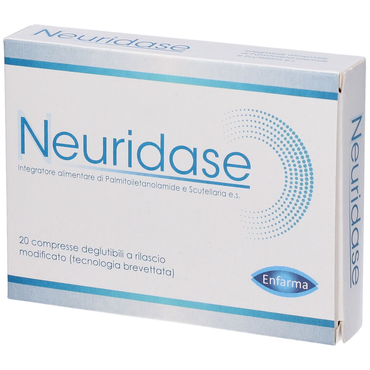Boîte de comprimés "Neuridase". Emballage bleu et blanc avec nom et logo du produit. 20 comprimés.