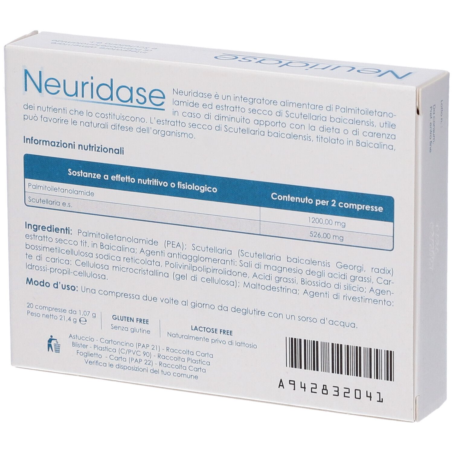 Dos de la boîte "Neuridase". Contient des informations sur les ingrédients et la valeur nutritionnelle. 20 comprimés.
