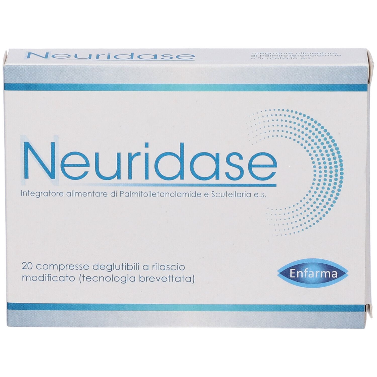 Vue de face de la boîte "Neuridase". Emballage bleu et blanc avec nom et logo du produit. 20 comprimés.