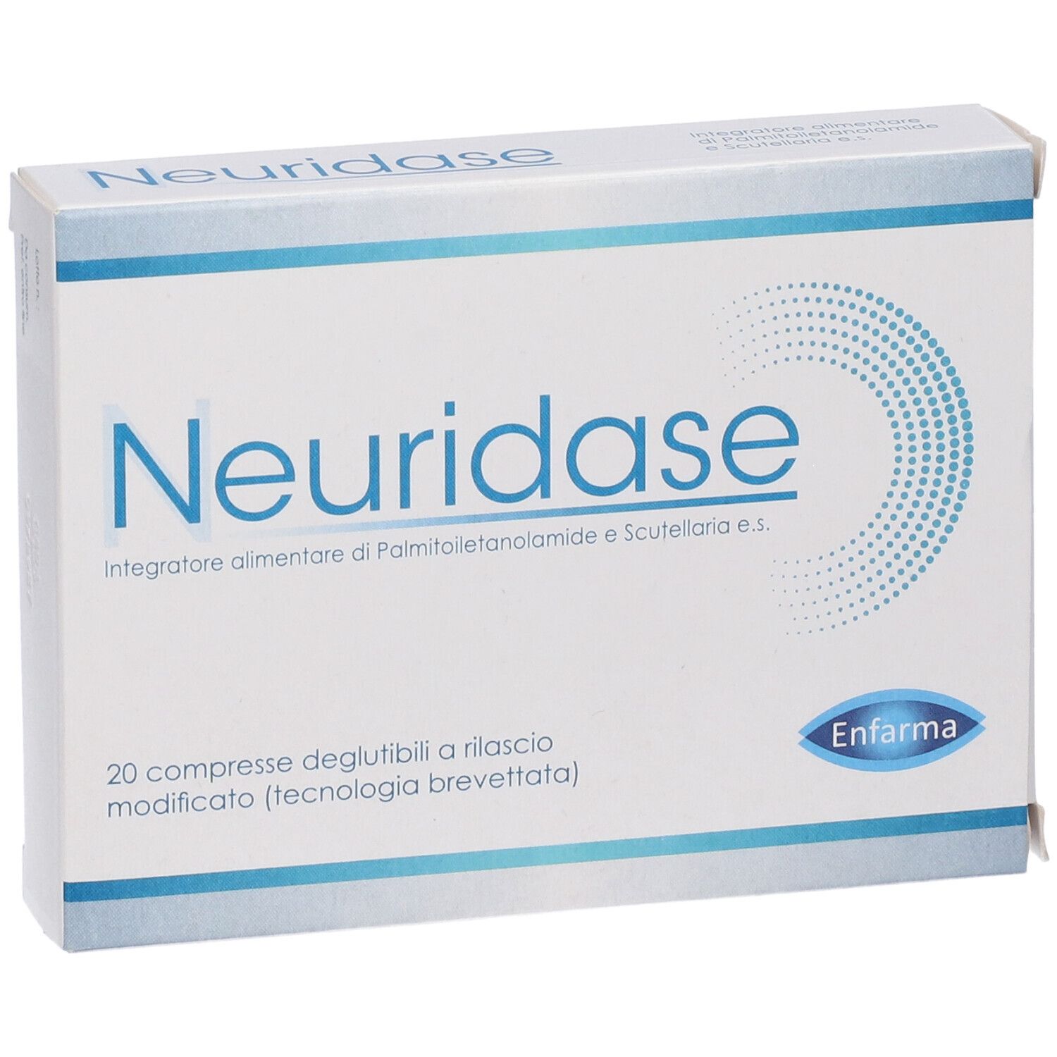 Vue de face de la boîte "Neuridase". Emballage bleu et blanc avec nom et logo du produit. 20 comprimés.