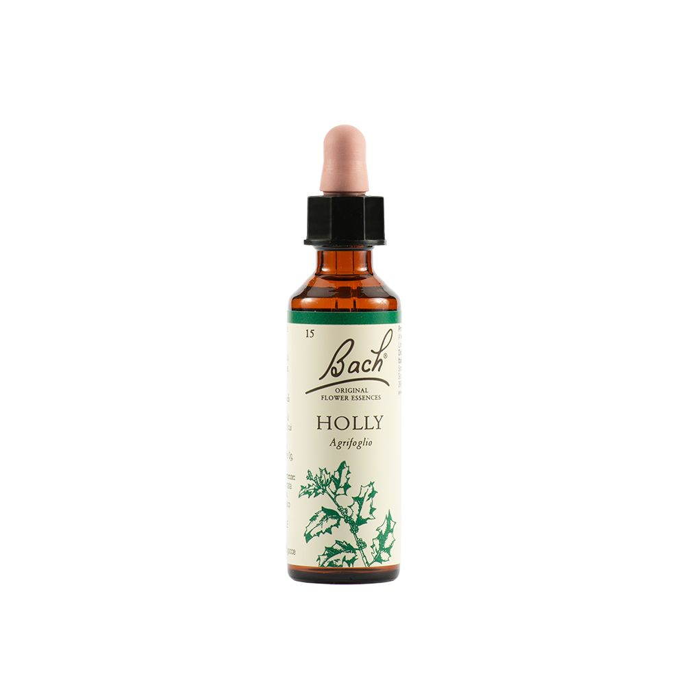 Braune Glasflasche mit rosa Pipette. Etikett mit "Bach" und "HOLLY". Grünpflanze-Illustration.