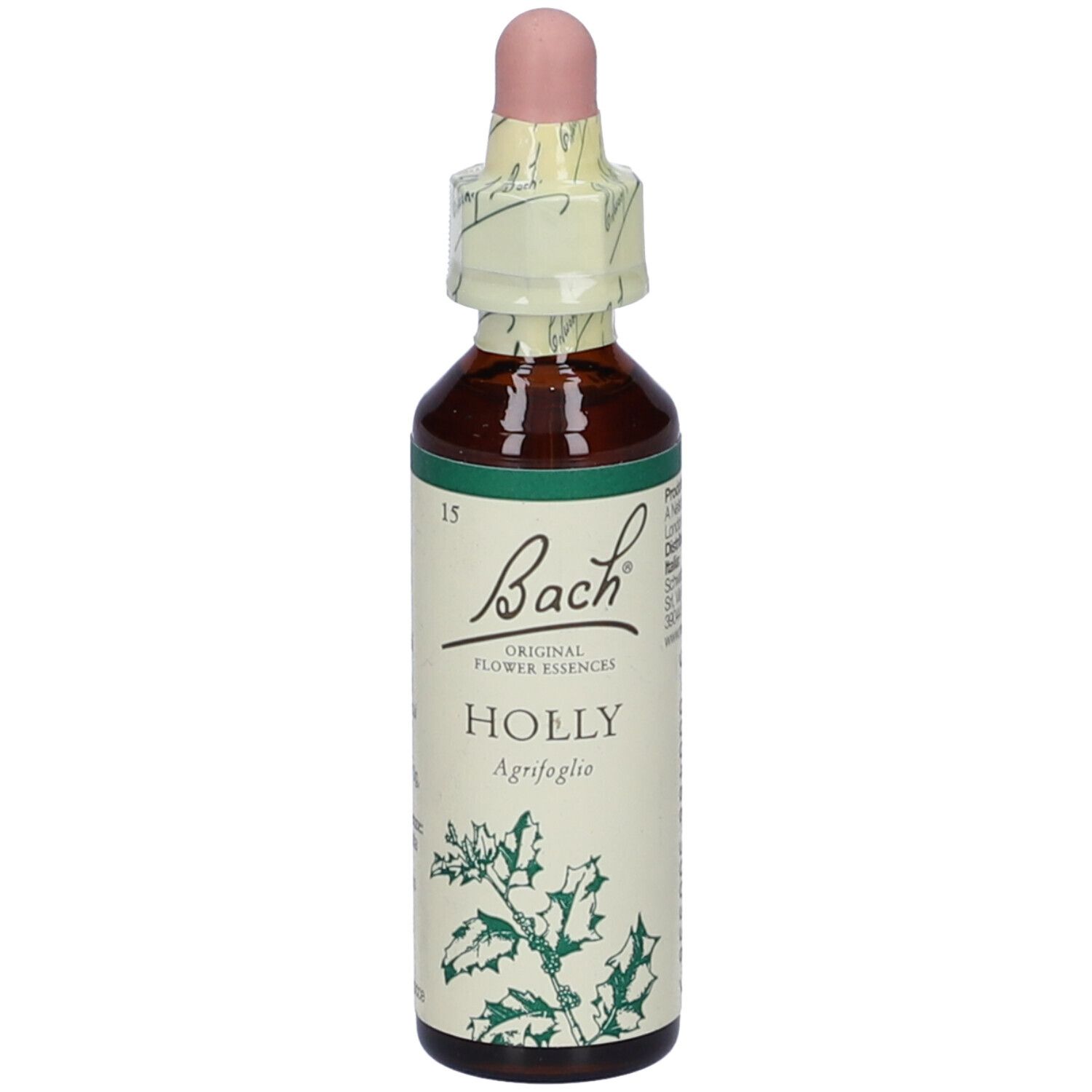 Braune Glasflasche mit rosa Pipette und Papierverschluss. Etikett mit "Bach" und "HOLLY".