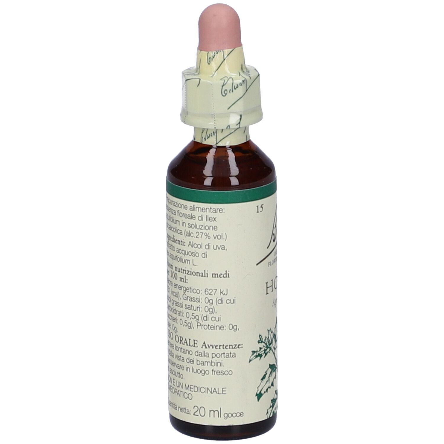 Braune Glasflasche mit rosa Pipette. Etikett mit Text und "HOLLY". Rückseite mit Inhaltsangaben.