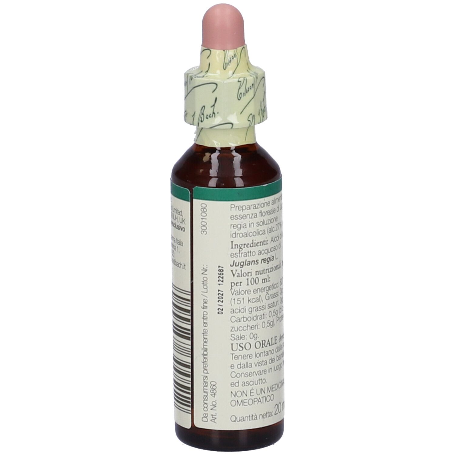 Braune Glasflasche mit Tropfer. Etikett mit "Bach Walnut".