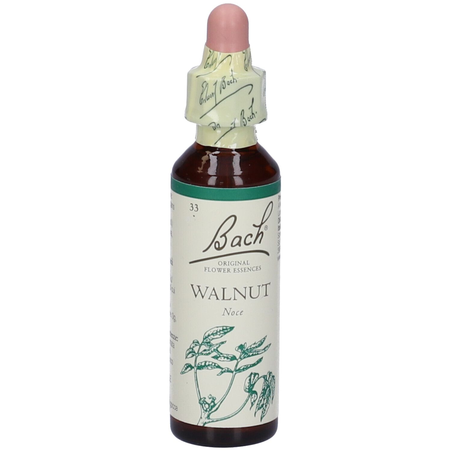 Braune Glasflasche mit Tropfer. Etikett mit "Bach Walnut".