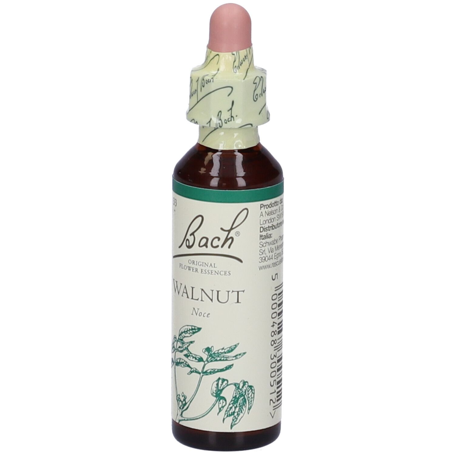 Braune Glasflasche mit Tropfer. Etikett mit "Bach Walnut".