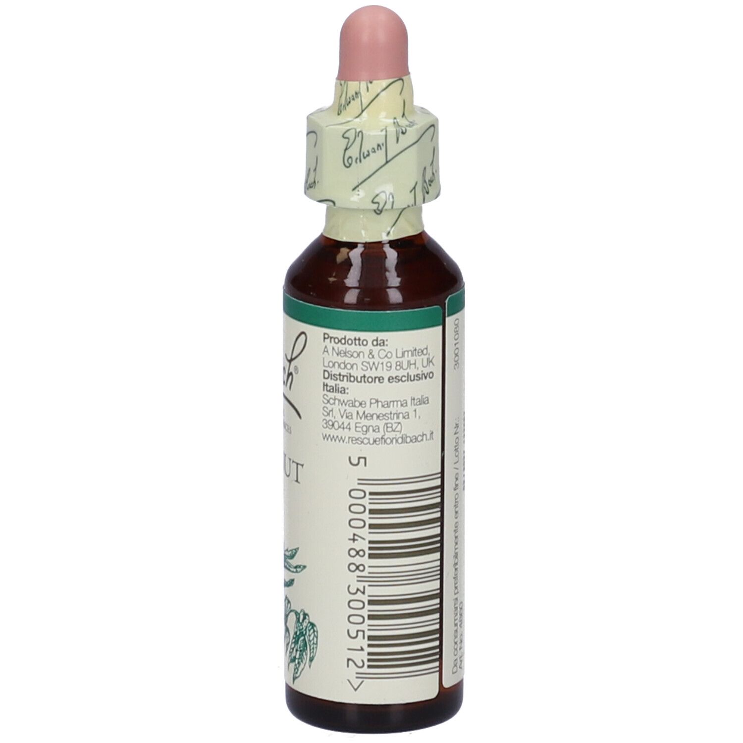 Braune Glasflasche mit Tropfer. Etikett mit "Bach Walnut".