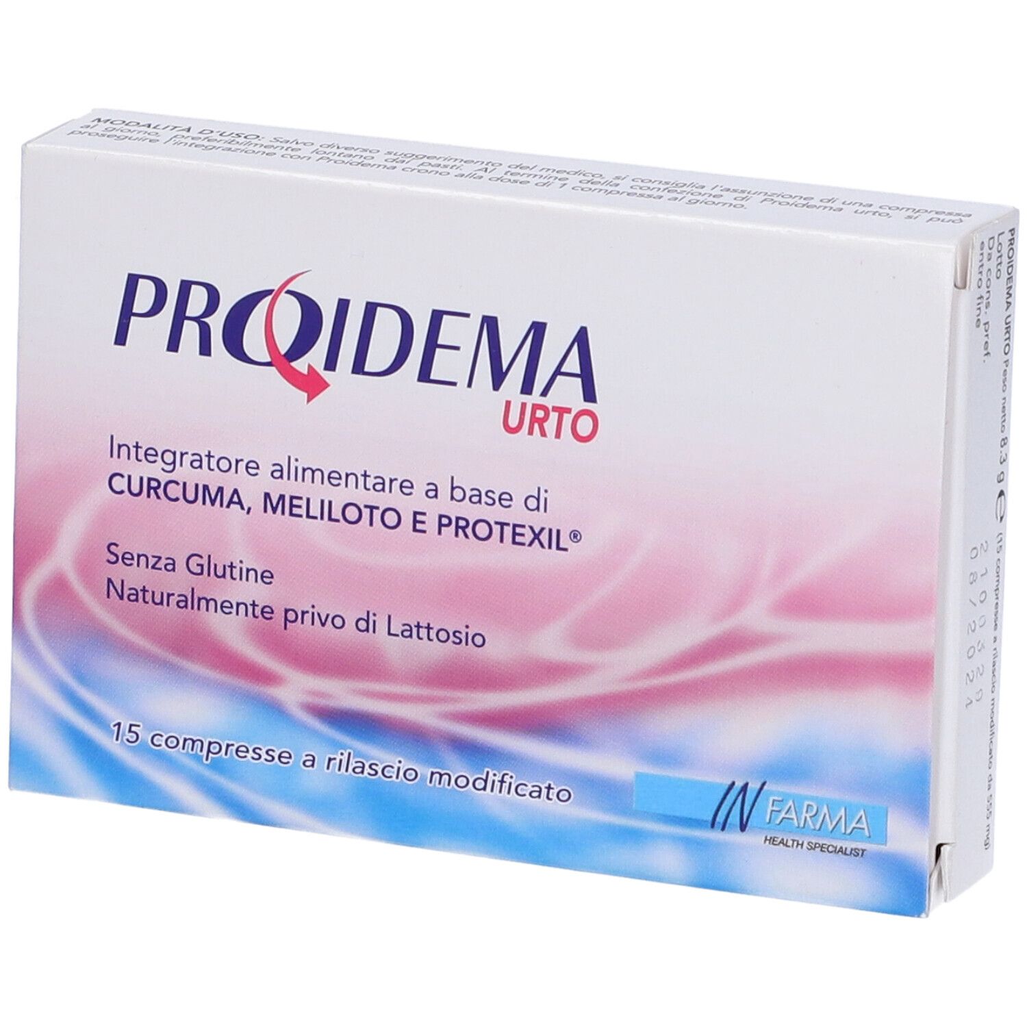 Verpackung mit Produktnamen PROIDEMA URTO. Enthält 15 Tabletten. Glutenfrei, laktosefrei. Marke: IN FARMA.