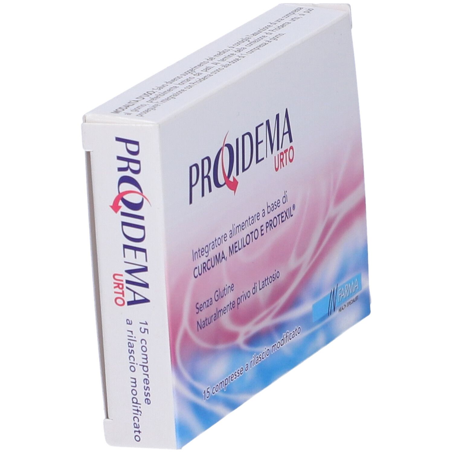 PROIDEMA URTO-Verpackung, schräg. Enthält 15 Tabletten. Glutenfrei, laktosefrei. Marke: IN FARMA.