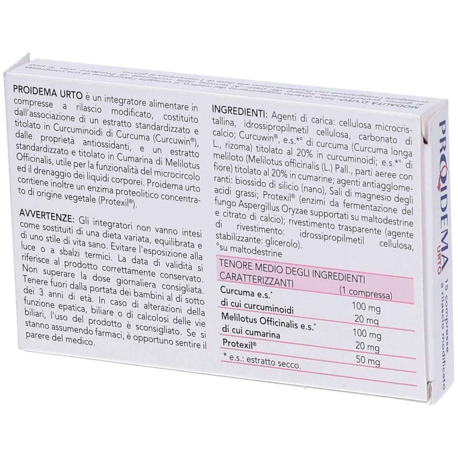 Rückseite der PROIDEMA URTO-Verpackung. Enthält Inhaltsstoffe und Nährwertangaben. Marke: IN FARMA.