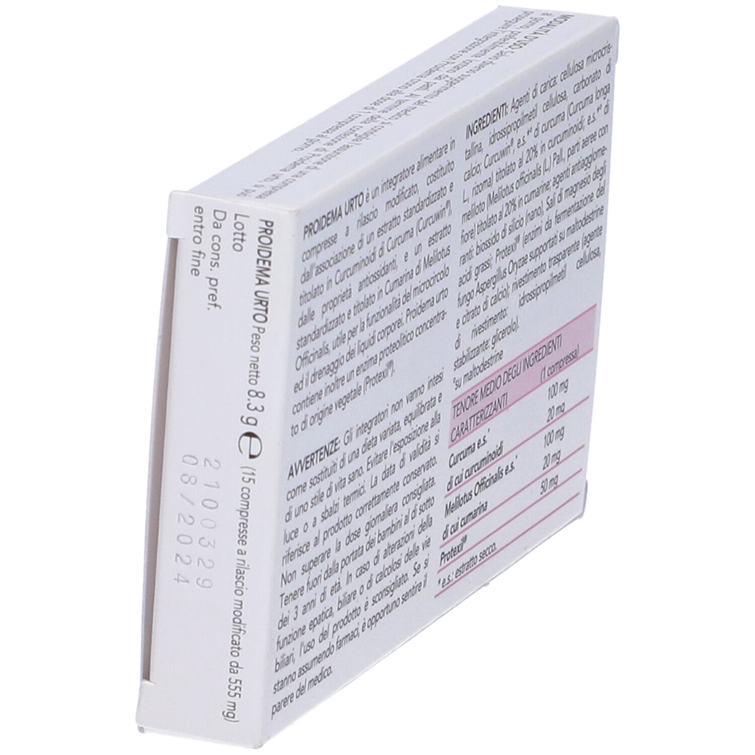 PROIDEMA URTO-Verpackung, schräg. Enthält 15 Tabletten. Mindesthaltbarkeitsdatum. Marke: IN FARMA.