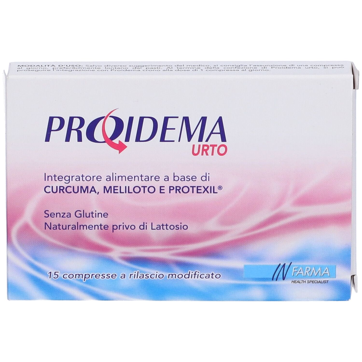 PROIDEMA URTO-Verpackung. Enthält 15 Tabletten. Glutenfrei, laktosefrei. Marke: IN FARMA.
