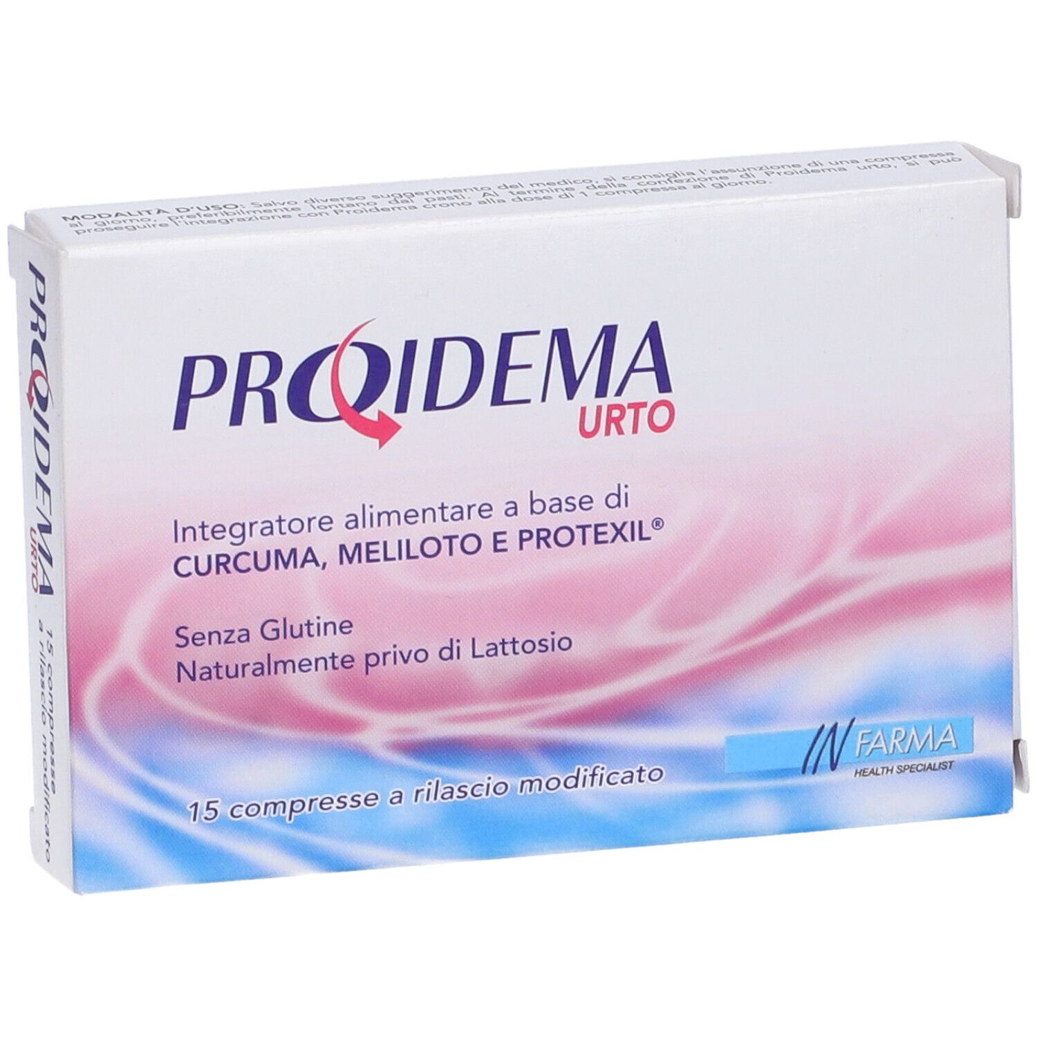 PROIDEMA URTO-Verpackung. Enthält 15 Tabletten. Glutenfrei, laktosefrei. Marke: IN FARMA.