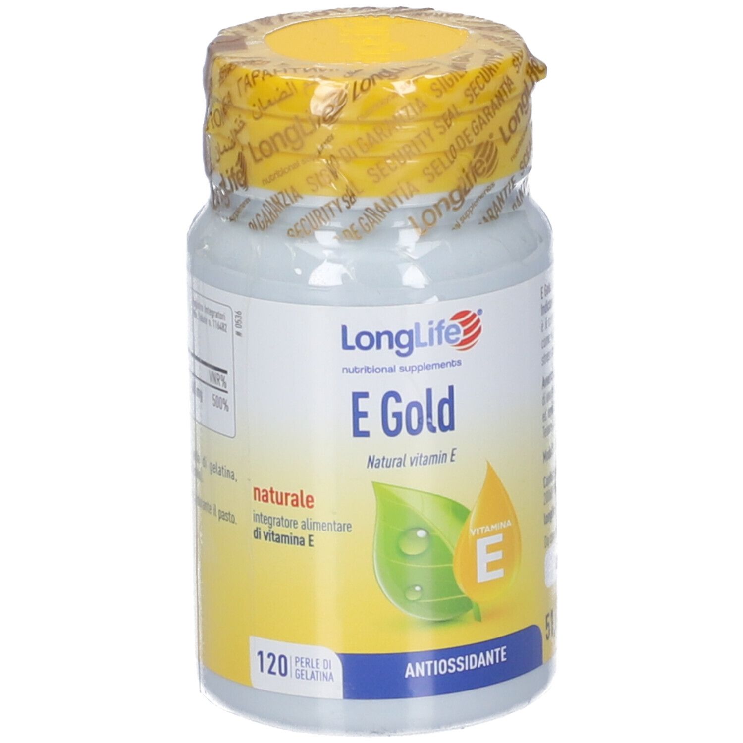 Flacon blanc avec couvercle jaune et étiquette. Inscription : LongLife E Gold, vitamine E naturelle. 120 gélules.
