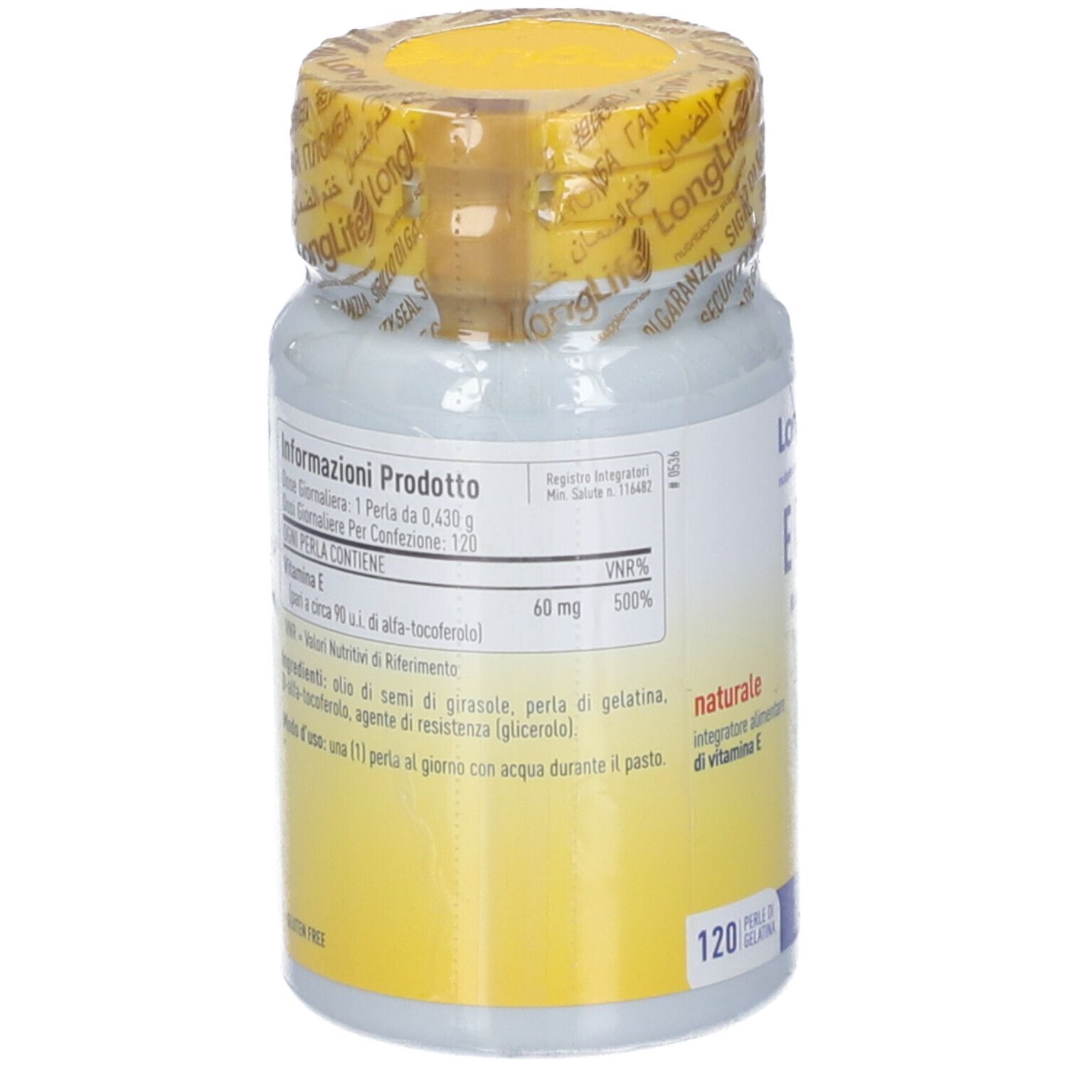 Dos du flacon blanc. Inscription : Informations sur le produit, vitamine E, 60 mg. 120 gélules. Liste des ingrédients.