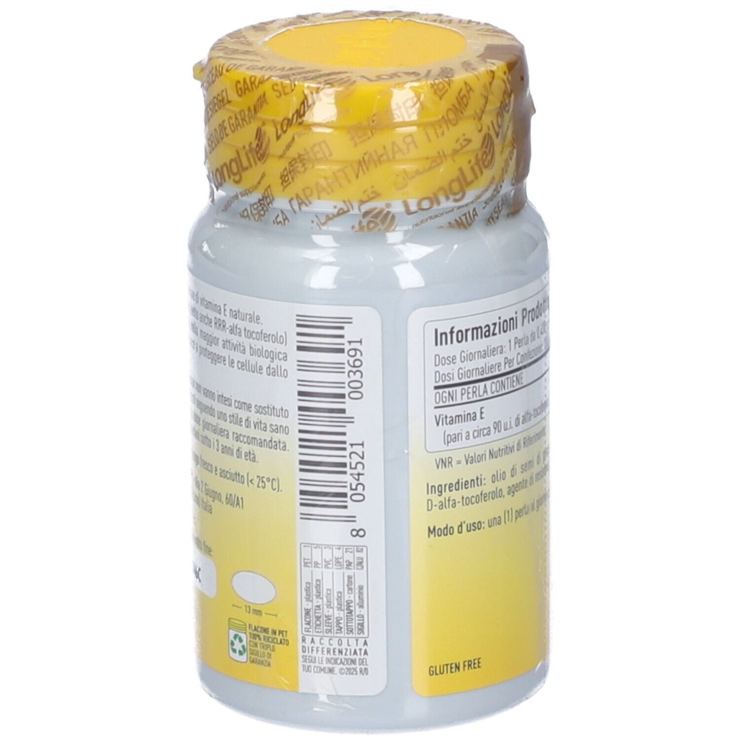 Dos du flacon blanc. Inscription : Vitamine E, ingrédients, numéro de lot, date de péremption, sans gluten.