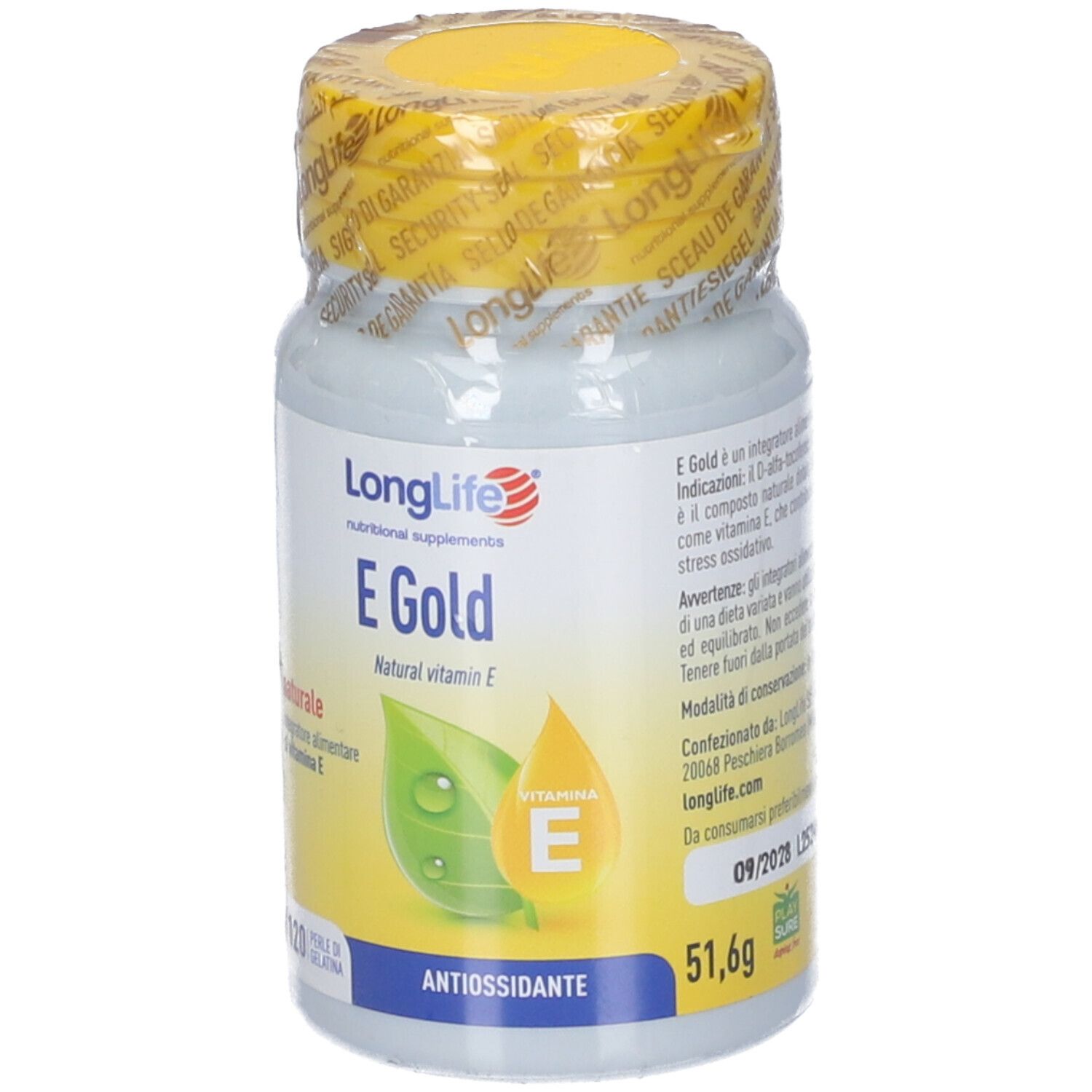 Flacon blanc avec couvercle jaune. Inscription : LongLife E Gold, vitamine E naturelle. 120 gélules. Antioxydant.