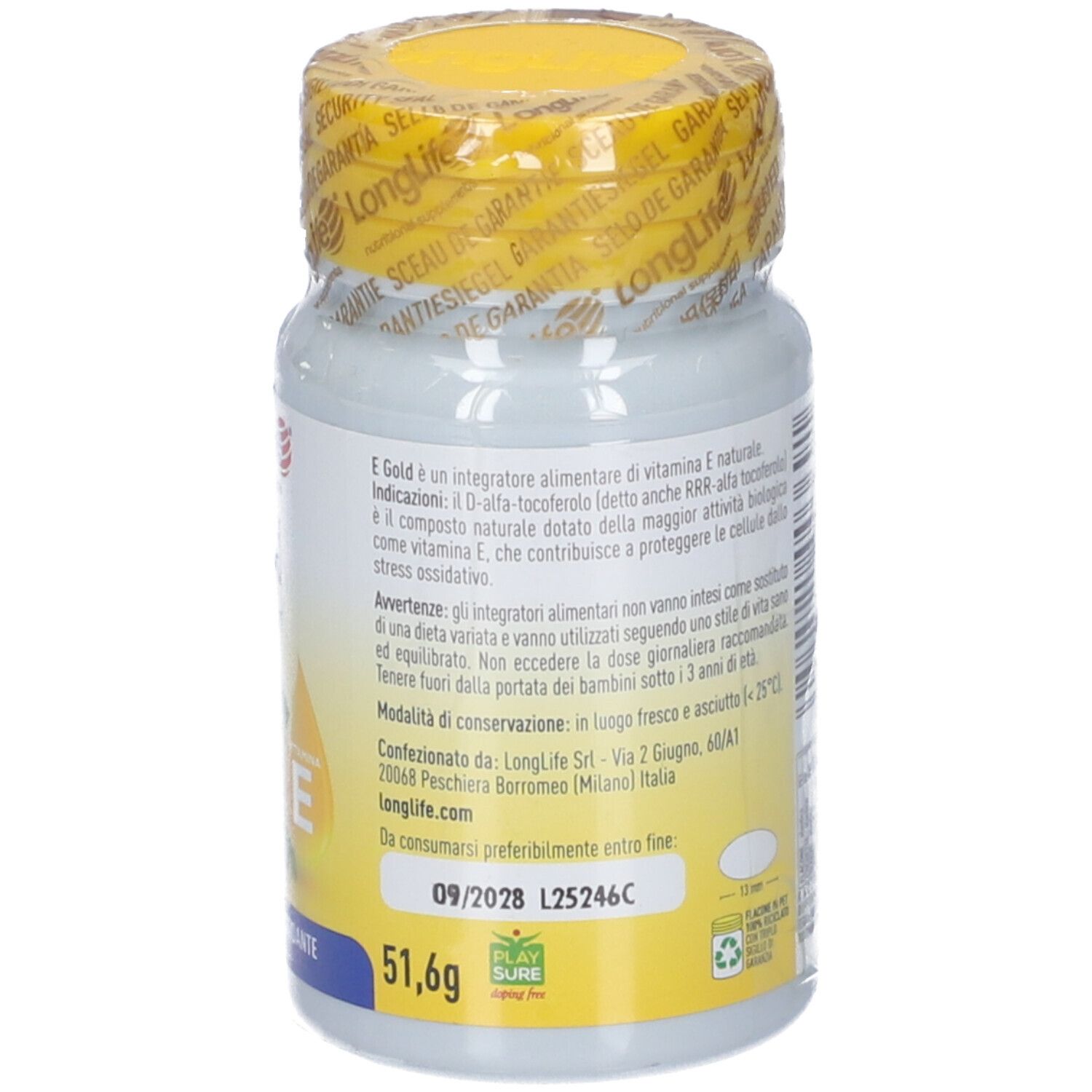 Dos du flacon blanc. Inscription : E Gold, vitamine E, numéro de lot, date de péremption, 51,6g.