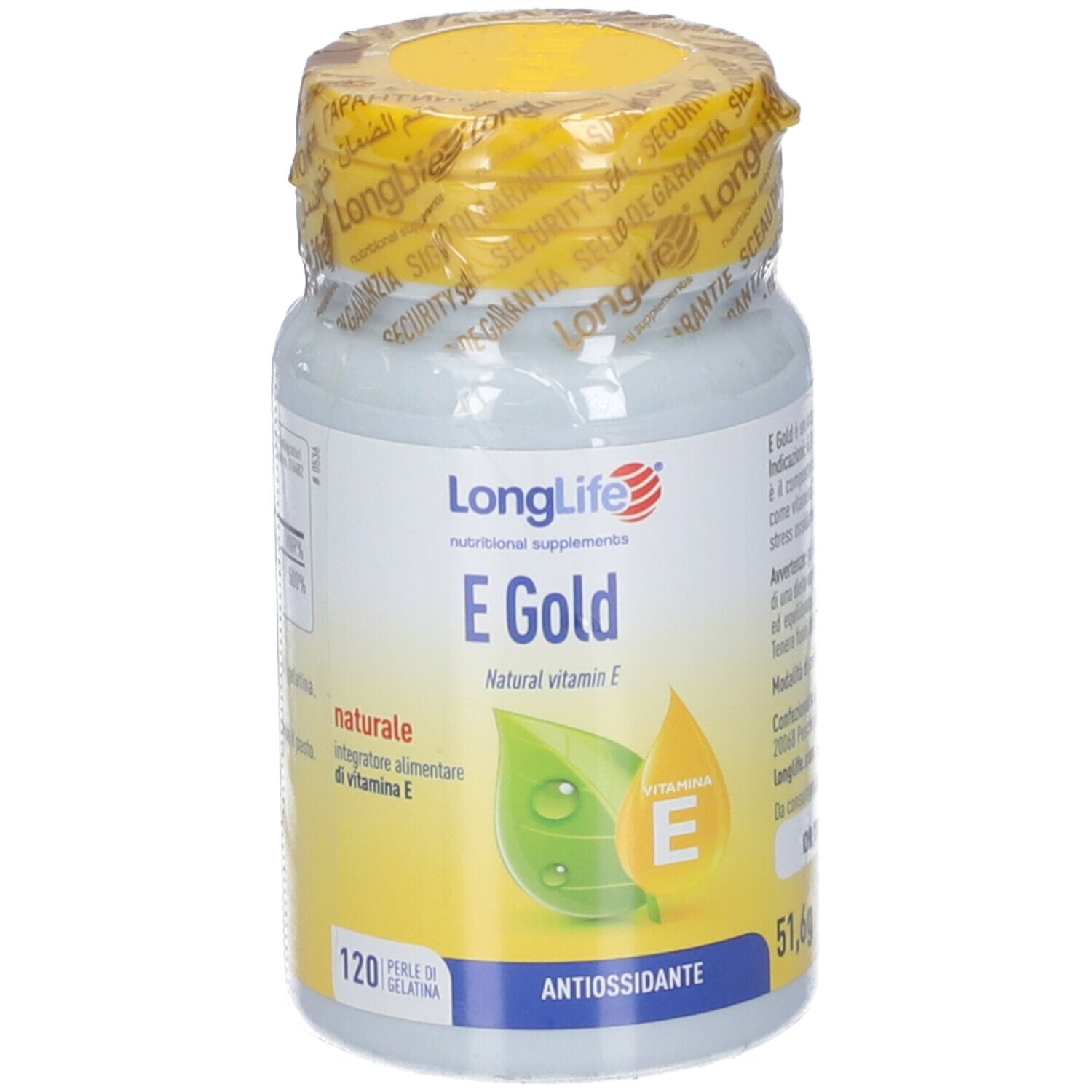 Flacon blanc avec couvercle jaune. Inscription : LongLife E Gold, vitamine E naturelle. 120 gélules. Antioxydant.