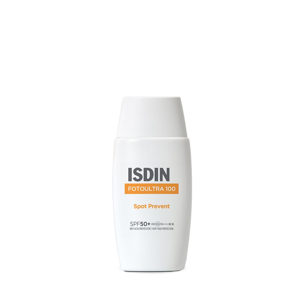 Flacon blanc avec logo ISDIN et nom du produit. Bande orange avec « FOTOULTRA 100 ». Texte : « Spot Prevent » et « SPF50+ ».