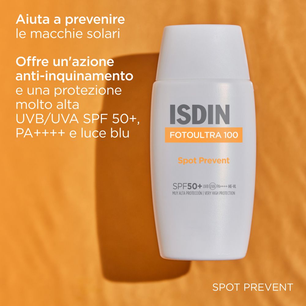 Flacon blanc avec logo ISDIN et nom du produit. Bande orange avec « FOTOULTRA 100 ». Texte : « Spot Prevent » et « SPF50+ ».