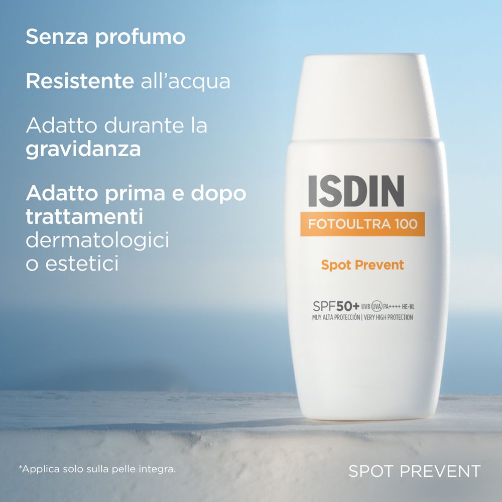 Flacon blanc avec logo ISDIN et nom du produit. Texte : « Sans parfum », « Résistant à l'eau », « Convient pendant la grossesse ».